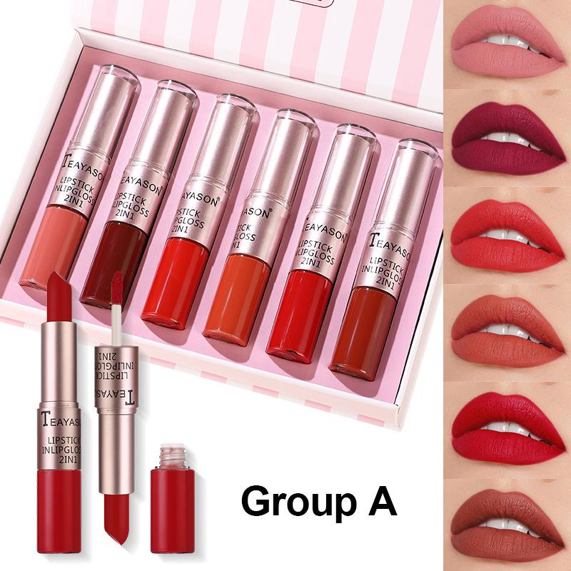 TEAYASON 2 IN 1 LIPSTICK & LIP GLOSS WATERPROOF LONG LASTING LIP TINT VELVET - 6PCS/SET