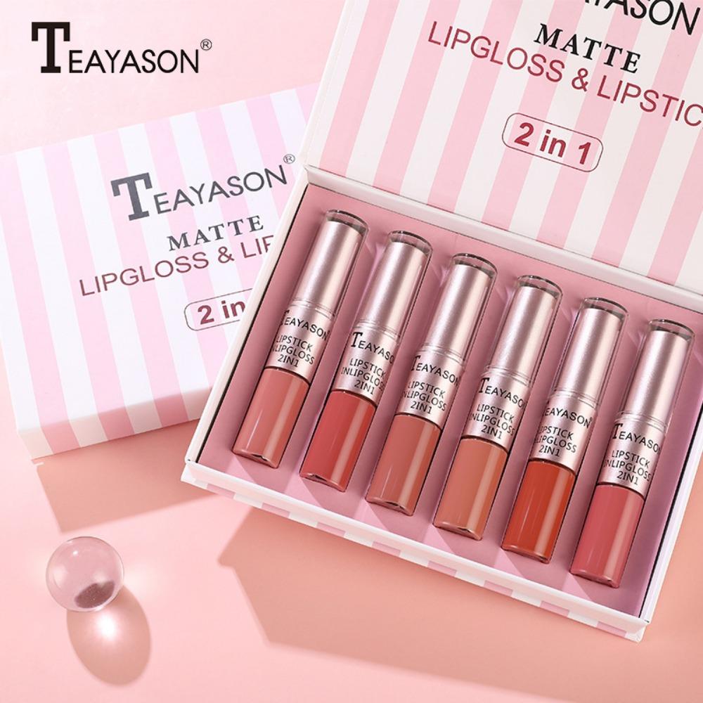 TEAYASON 2 IN 1 LIPSTICK & LIP GLOSS WATERPROOF LONG LASTING LIP TINT VELVET - 6PCS/SET