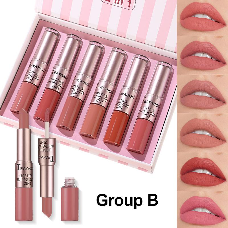 TEAYASON 2 IN 1 LIPSTICK & LIP GLOSS WATERPROOF LONG LASTING LIP TINT VELVET - 6PCS/SET